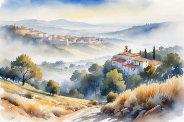 Wall Mural - village in the mountains watercolor style