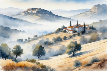 Wall Mural - village in the mountains watercolor style