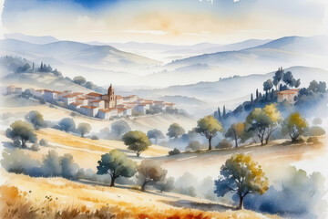 Wall Mural - village in the mountains watercolor style