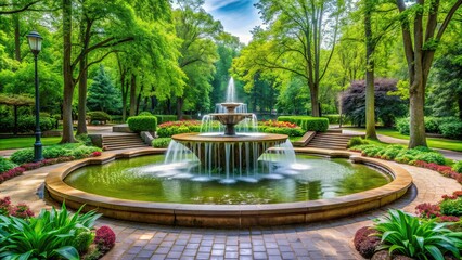 Wall Mural - Fountain in the park with cascading water surrounded by lush greenery , park, fountain, water feature, outdoor, nature