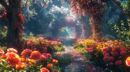 Wall Mural - 3d-art video, fairy-tale garden, blooming garden with colorful flowers and plants, motion video, cgi, 3d animation style 