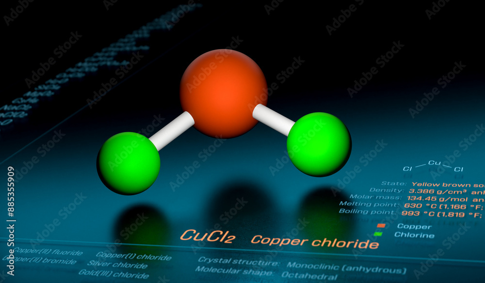 CuCl2 Copper chloride molecule model, dark display with molecule data ...