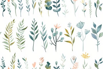 Wall Mural - Seamless Pattern with Watercolor-Style Botanical Elements