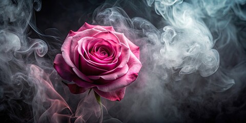 Poster - Overhead shot of pink rose with smoke patterns on dark background, pink, rose, flower, delicate, dreamlike, soft, beauty, elegant