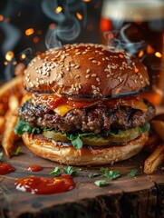 Wall Mural - Close-up of home made tasty burger with french fries and fire flames.