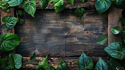 Poster - green leaves on old wooden backdrop with blank frame for text