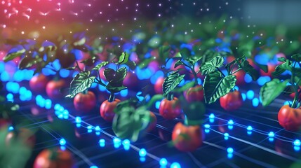 Poster - 3D illustration of a blockchain network managing farm-to-table transactions