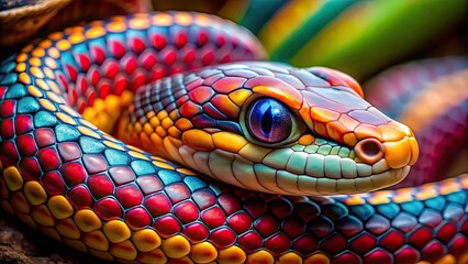 Poster - Close up of a snake with vibrant scales , serpent, reptile, wildlife, slithering, close-up, scales, texture, pattern