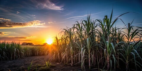 Poster - Sunset casting a warm glow on a lush sugarcane field, showcasing the tall, slender leaves and stalks, sunset, sugarcane, field