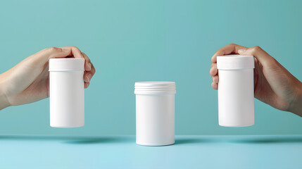 Sticker - different hand positions holding a 60cc pharma medicine container white plastic, studio background