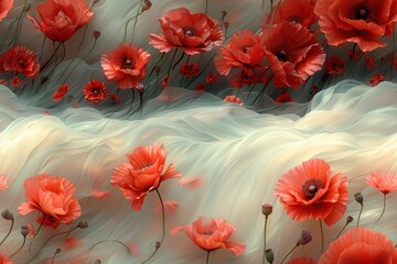 Wall Mural - Red Poppies on White Sheer Fabric