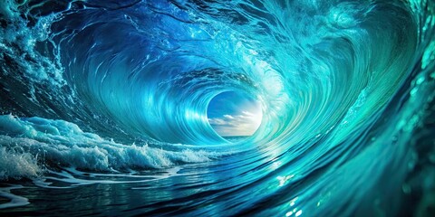 Poster - Cinematic turquoise tube wave with perfect inner illumination in liquid motion , ocean, water, waves, turquoise, tube, motion