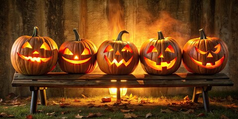 Wall Mural - Five carved pumpkins sitting on a bench at night, illuminated by a backlit orange glow , Halloween, spooky