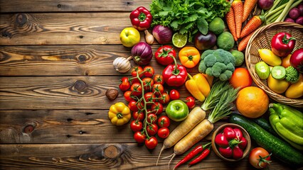 Wall Mural - Assorted colorful fruits and vegetables on a rustic wooden table, nutrition, healthy, organic, fresh, produce, market