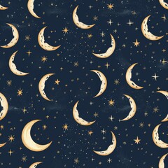 seamless pattern of handdrawn crescent moons and stars on a dark blue background