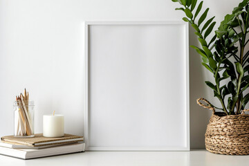 Wall Mural - white frame mockup, side view of desk with white wall background, book and pencil jar, plant in a woven basket, candle, empty space for artwork or picture, close up shot