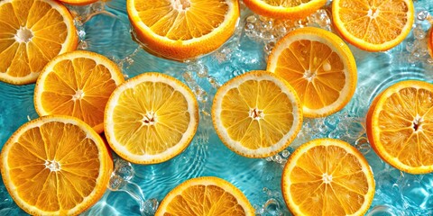 Wall Mural - Close up of refreshing orange slices floating in clear water, orange, water, citrus, fruit, slices, fresh, healthy