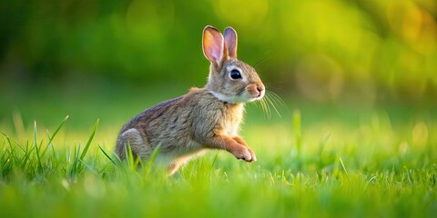 Wall Mural - Adorable bunny rabbit hopping in a field of green grass, cute, fluffy, animal, wildlife, Easter, nature, pet, wildlife, furry