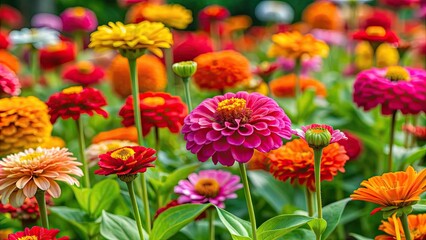 Canvas Print - Vibrant and colorful zinnia flowers in a garden , zinnia, floral, bloom, garden, vibrant, color, beauty, petals, plant, nature