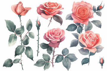 Set of watercolor roses. collection garden pink flowers, leaves, branches, Botanic isolated on white background. --ar 3:2