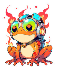 Sticker - A frog wearing a pair of headphones and goggles sits on a white background