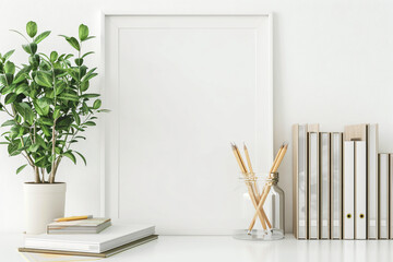 Poster - A white vertical picture frame mockup sits on a desk alongside books and plants. A glass jar containing pencils rests nearby against a white wall background lit by natural light.