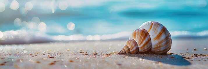 Wall Mural - A seashell on the beach with blue sea background.