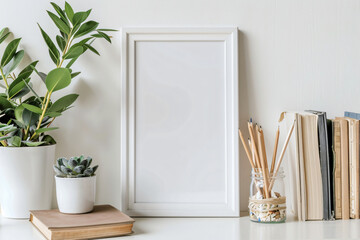 Poster - A white vertical picture frame mockup sits on a desk alongside books and plants. A glass jar containing pencils rests nearby against a white wall background lit by natural light.
