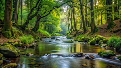 Sticker - Tranquil stream flowing through a forest, nature, water, peaceful, beauty, trees, flow, river, serenity, calm, landscape