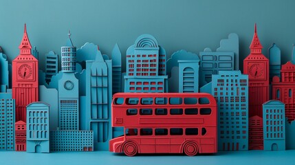 Poster - Artistic depiction of London famous red double-decker buses on a busy street in paper cut style highlighting the city unique charm Stock Photo with copy space