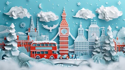 Poster - Artistic depiction of London famous red double-decker buses on a busy street in paper cut style highlighting the city unique charm Stock Photo with copy space