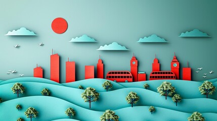 Poster - Artistic depiction of London famous red double-decker buses on a busy street in paper cut style highlighting the city unique charm Stock Photo with copy space