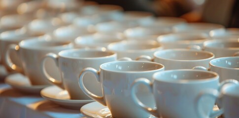 Many white cups of coffee on a table.