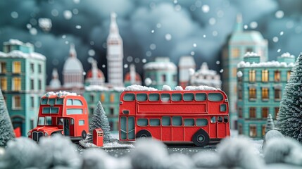 Poster - Artistic depiction of London famous red double-decker buses on a busy street in paper cut style highlighting the city unique charm Stock Photo with copy space
