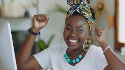 Business, night, black woman, achievement, fist, computer, email, celebration, success. In workplace, profit development, and website launch, African American female manager and CEO