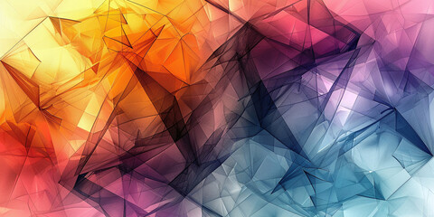 A vibrant abstract composition featuring geometric triangles in a line art style. The intricate, multicolored pattern creates a dynamic and modern visual effect.