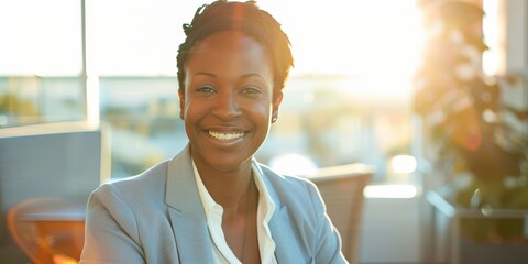 Photograph of joyful businesswoman with arms crossed at office for professional job, pride and confidence in Nigerian human resources agency. African HR manager, corporate employee, and smile