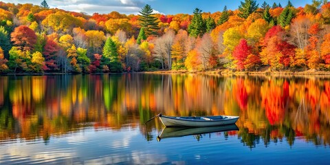 Canvas Print - Autumn lake fishing boat with vibrant fall foliage reflecting on calm water, autumn, lake, fishing, boat, fall, foliage