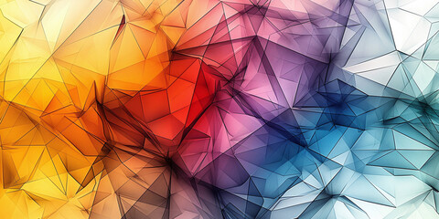 A vibrant abstract composition featuring geometric triangles in a line art style. The intricate, multicolored pattern creates a dynamic and modern visual effect.