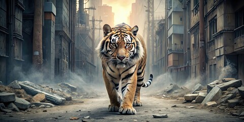 Canvas Print - Fierce tiger roaming through an urban wasteland, tiger, dystopian future, urban, wasteland, fierce, predator, danger