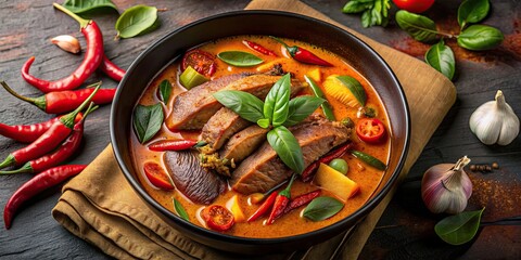 Wall Mural - Thai roasted duck curry with red curry sauce, vegetables, and aromatic herbs , Thai, roasted duck, curry, red curry, sauce