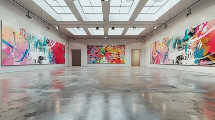 Wall Mural - An empty open space interior background with painted abstract graffiti on the front wall and ceiling windows