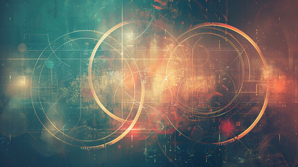 Wall Mural - An artistic Venn diagram with glowing gold and teal circles. The intricate design highlights connections in a visually captivating way.