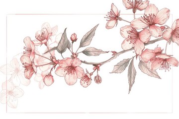 Sticker - Children's book style whimsical Illustration with flat pastel colors, Contour drawing, outline all shapes, Create a beautiful picture of a Cherry Blossom (Prunus serrulata) with delicate pink flowers 