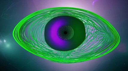 Poster - Abstract 3d render with green and purple spheres, showing a green sphere rotating around a purple sphere, with a galaxy background