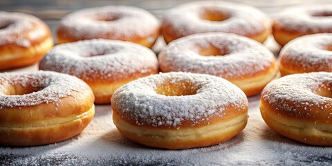 Wall Mural - Close-up of delicious donuts covered in icing sugar, sweet, dessert, bakery, treat, tasty, sugary, sugar-coated