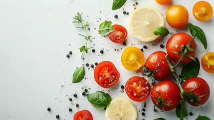 Wall Mural - Fresh Tomatoes, Lemon Slices, and Herbs on a White Background