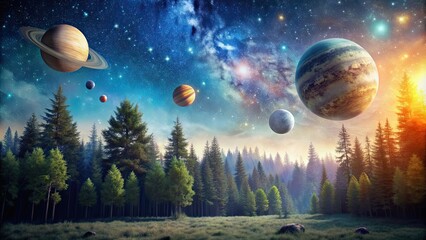 Wall Mural - planets aligning in the sky above an enchanted forest clearing, planets, alignment, galaxy, space, n