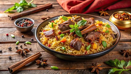 Wall Mural - Delicious traditional Indian dish of Mutton Biryani with aromatic spices and tender meat , Biryani, Mutton, Rice