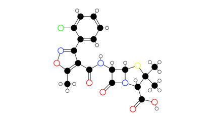 cloxacillin molecule, structural chemical formula, ball-and-stick model, isolated image antibiotic